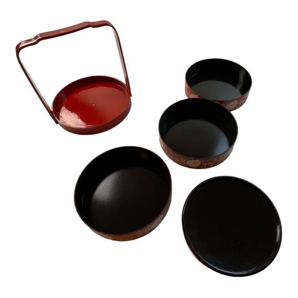 Vintage Retro Bento Box Red Enamel Floral  3 Pieces Lid and Holder - Picture 8 of 14